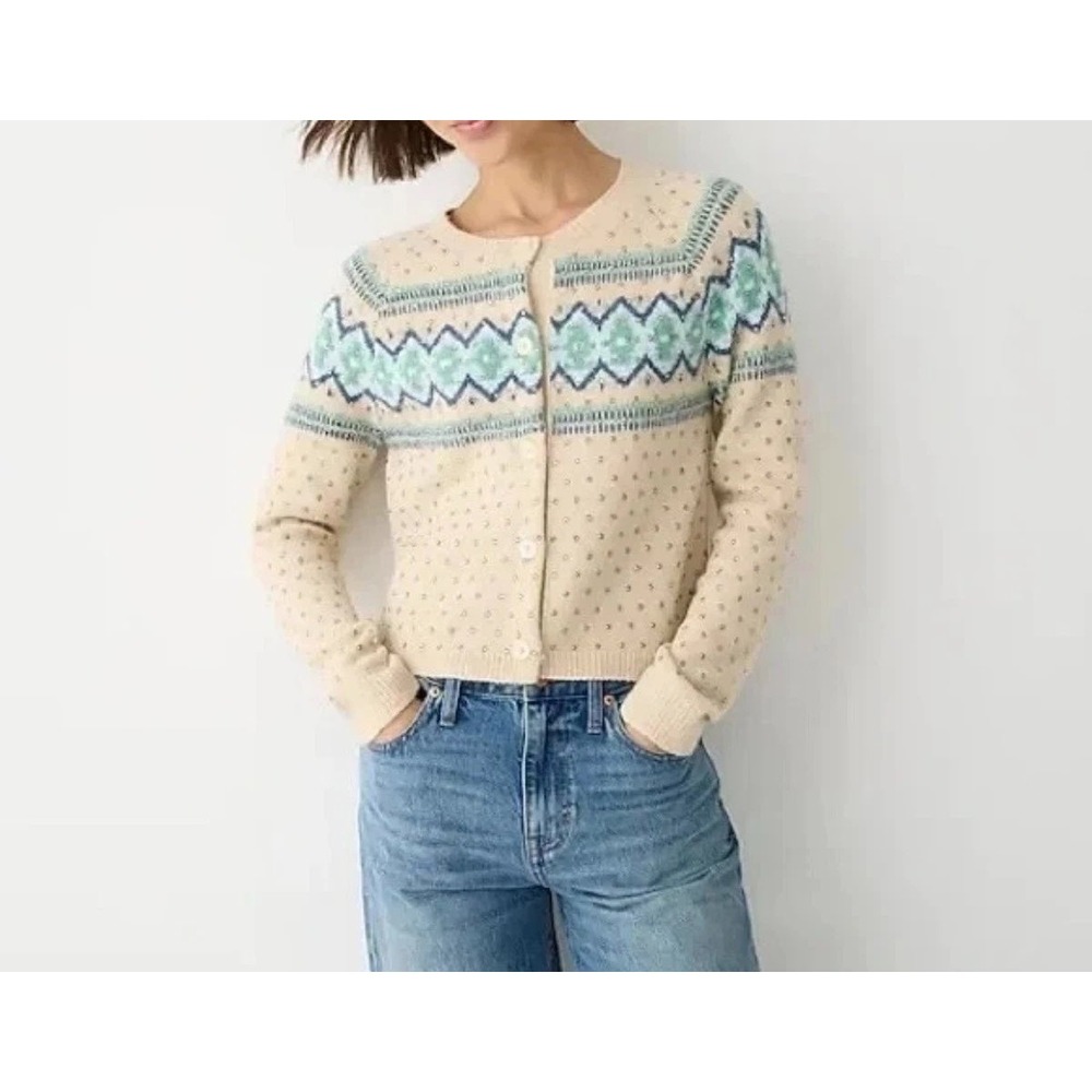J.Crew Crystal Embellished Fair Isle Merino Wool Alpaca Cardigan Sweater Small